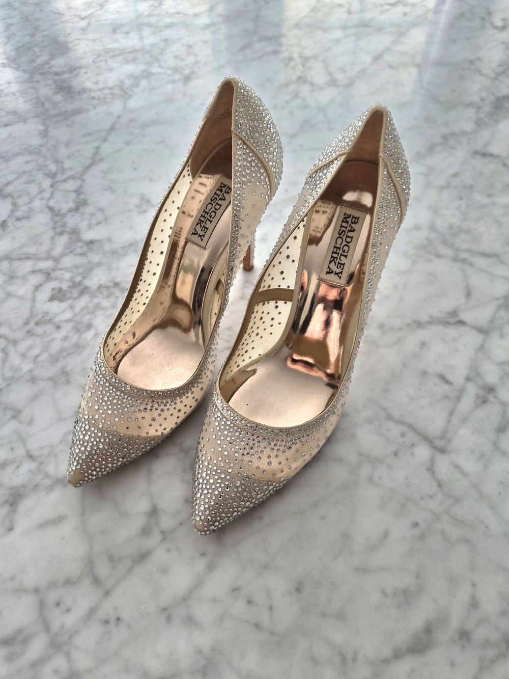 Badgley Mischka Champagne Crystal Embellished Pointed Toe Pumps